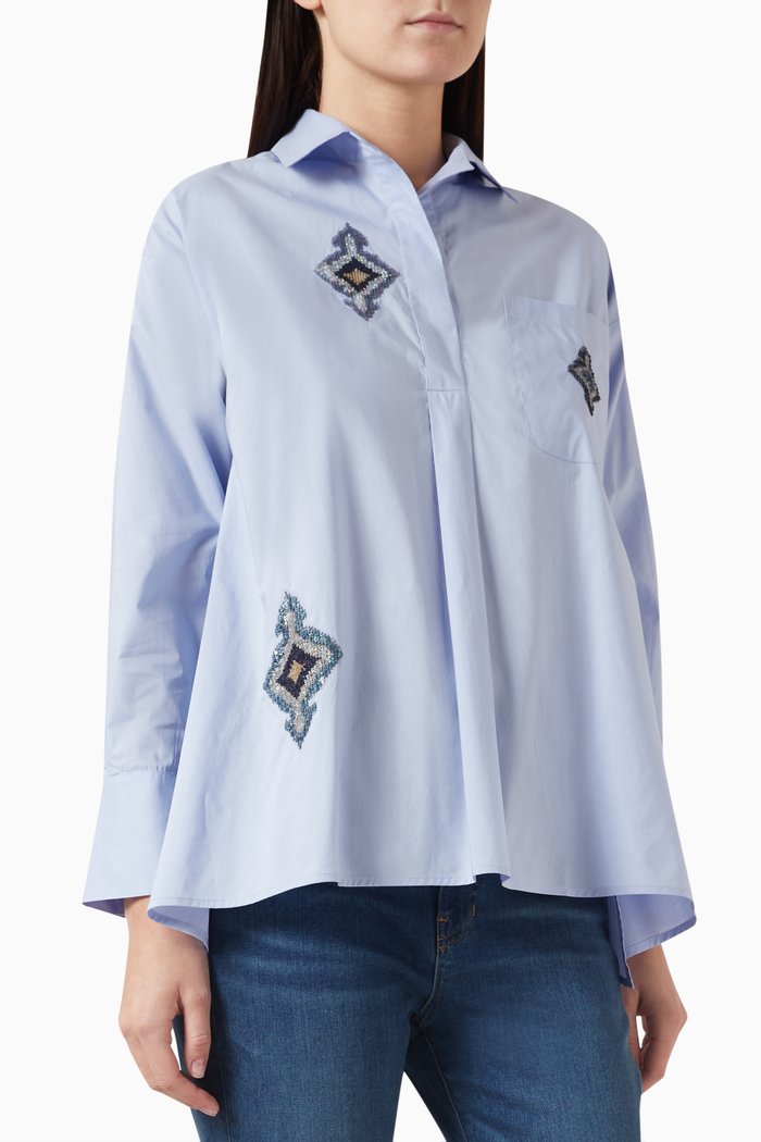 Nina Sequin-embellished Shirt in Cotton Poplin, Blue