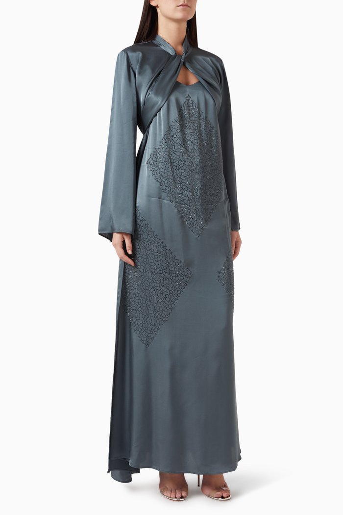 

Self-tie Neck Maxi Kaftan & Inner Slip Dress, Green