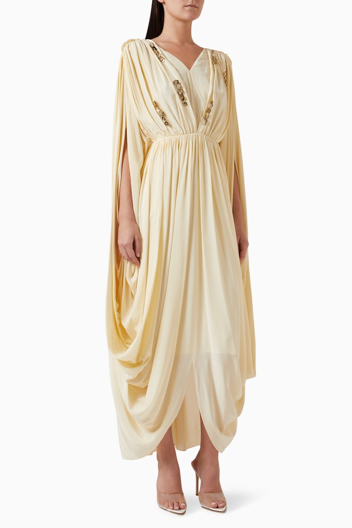 

Embellished Gathered Midi Dress, Neutral