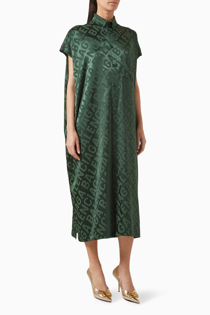 Logomania Rawcut Dress in Silk Jacquard, Green