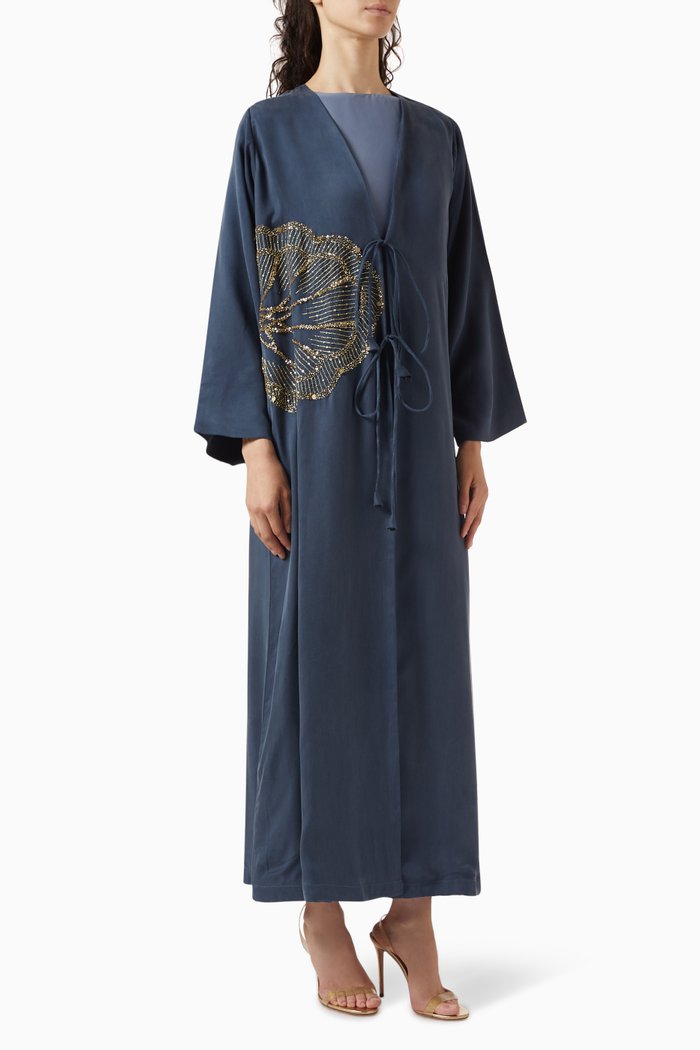 

Lotus Embellished Abaya Set in Washed Silk, Blue