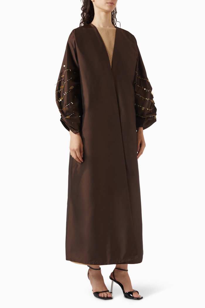 

Dahlia Embellished Abaya Set in Taffeta, Brown