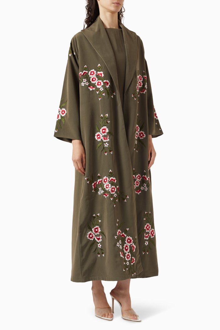 Daisy Embroidered Abaya Set in Washed Kattan, Green