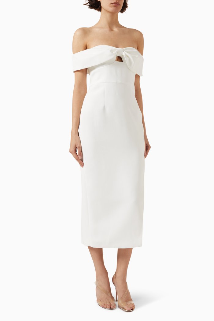 

Off-shoulder Bow Midi Dress in Crepe, White
