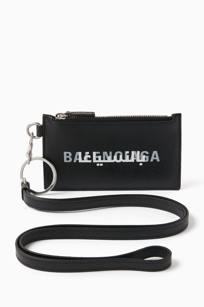 Cash Card Case on Keyring in Grained Leather, Black