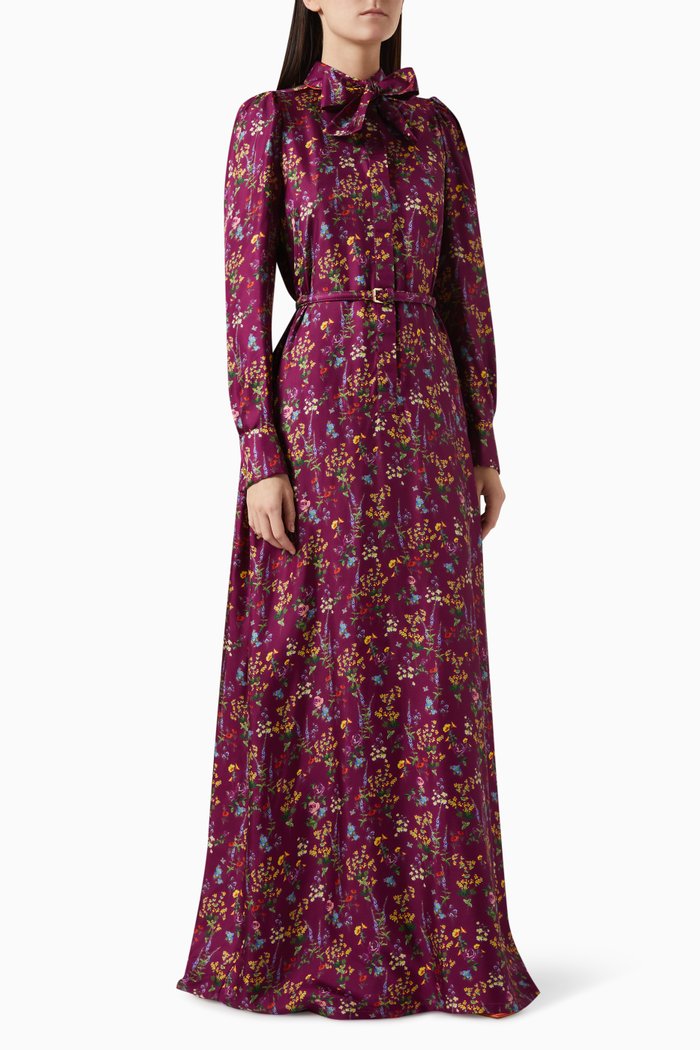 Zorro Printed Shirt Maxi Dress in Silk Twill, Purple