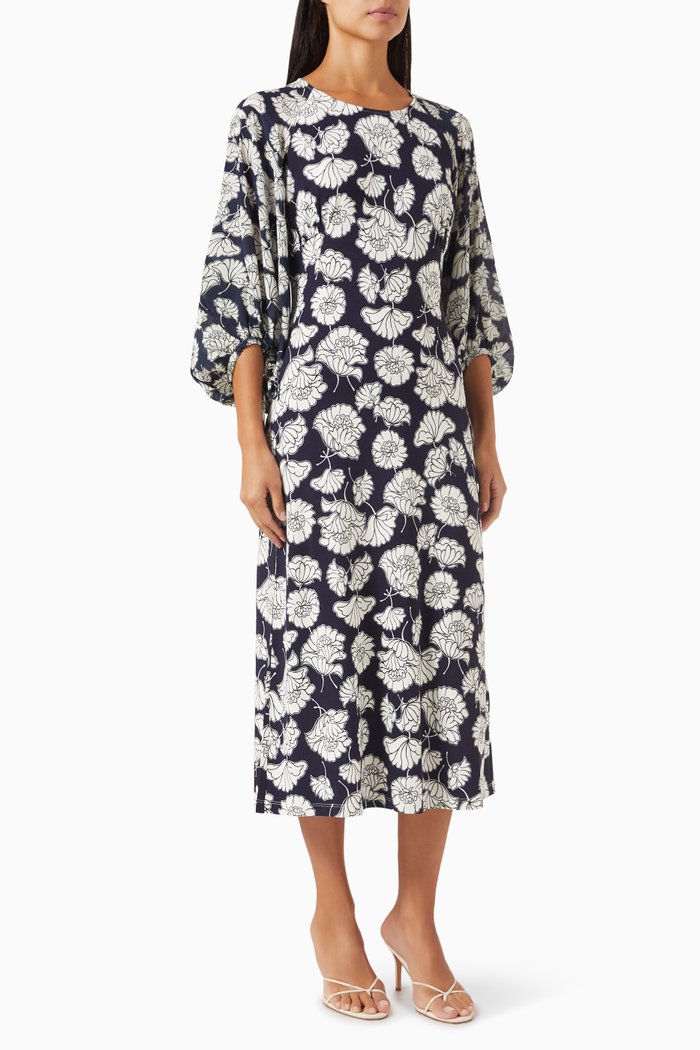 

Printed Flared Midi Dress in Crepe de Chine, Blue