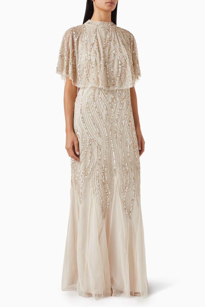 

Sequin-embellished Cape Maxi Dress, Neutral