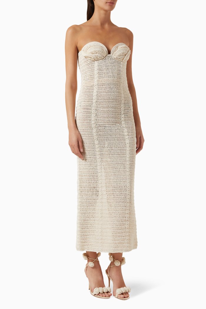 

Petals Bustier Midi Dress in Crochet, Neutral