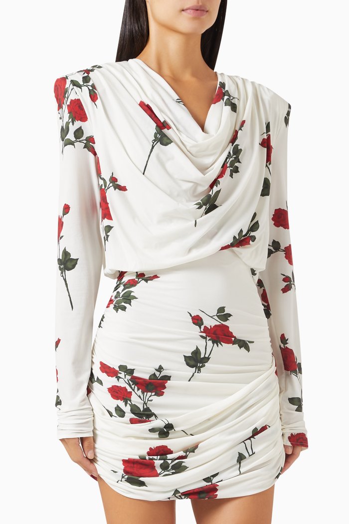 

Draped Floral-print Mini Dress in Jersey, White