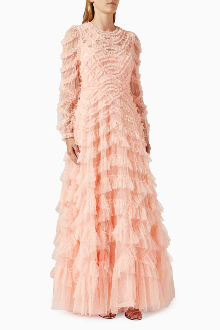 Lana Round Neck Gown in Tulle, Orange