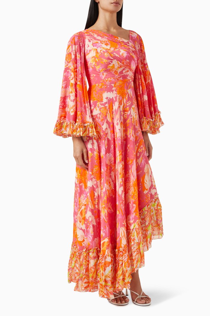 

Twisted Femme Asymmetric Maxi Dress in Chiffon & Crepe, Pink