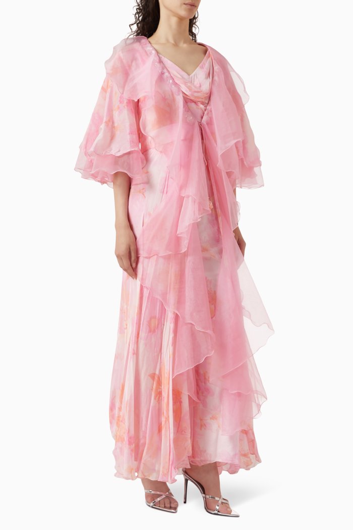 Ditsy Aster-print Jumpsuit & Cape in Satin & Chiffon, Pink
