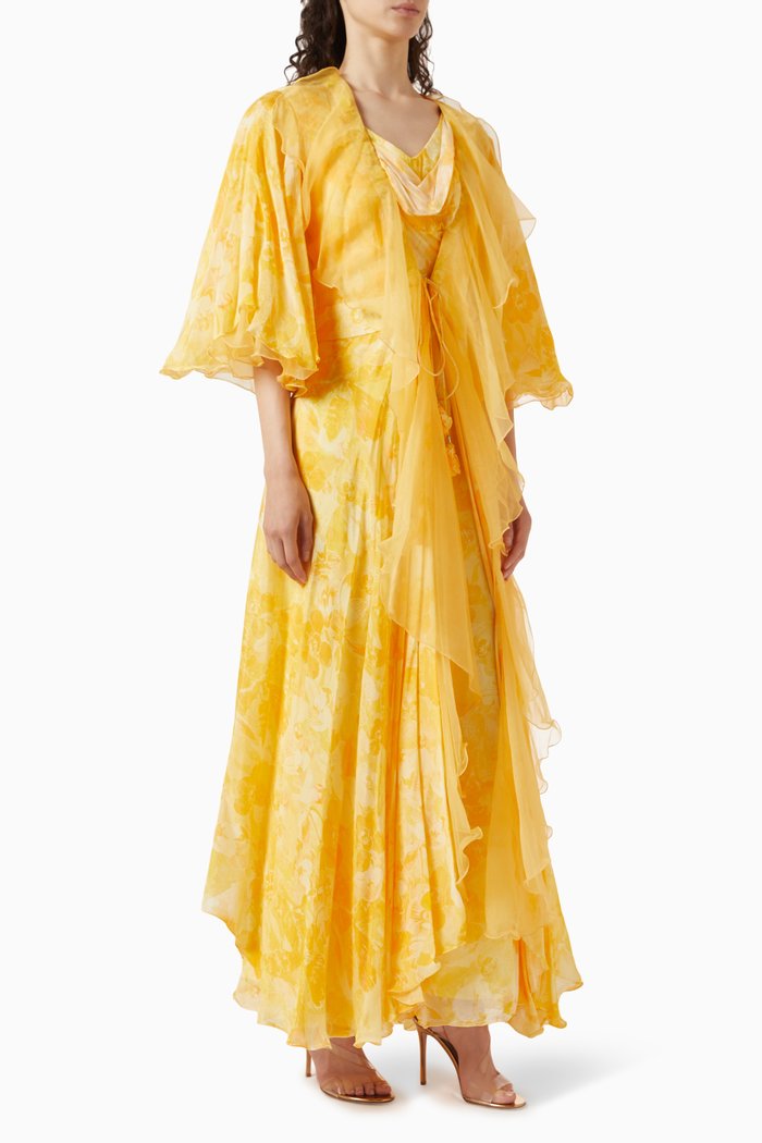 

Ditsy Aster-print Jumpsuit & Cape in Satin & Chiffon, Yellow