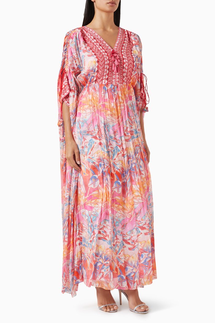 

Floral Embroidered Kaftan in Chiffon, Pink