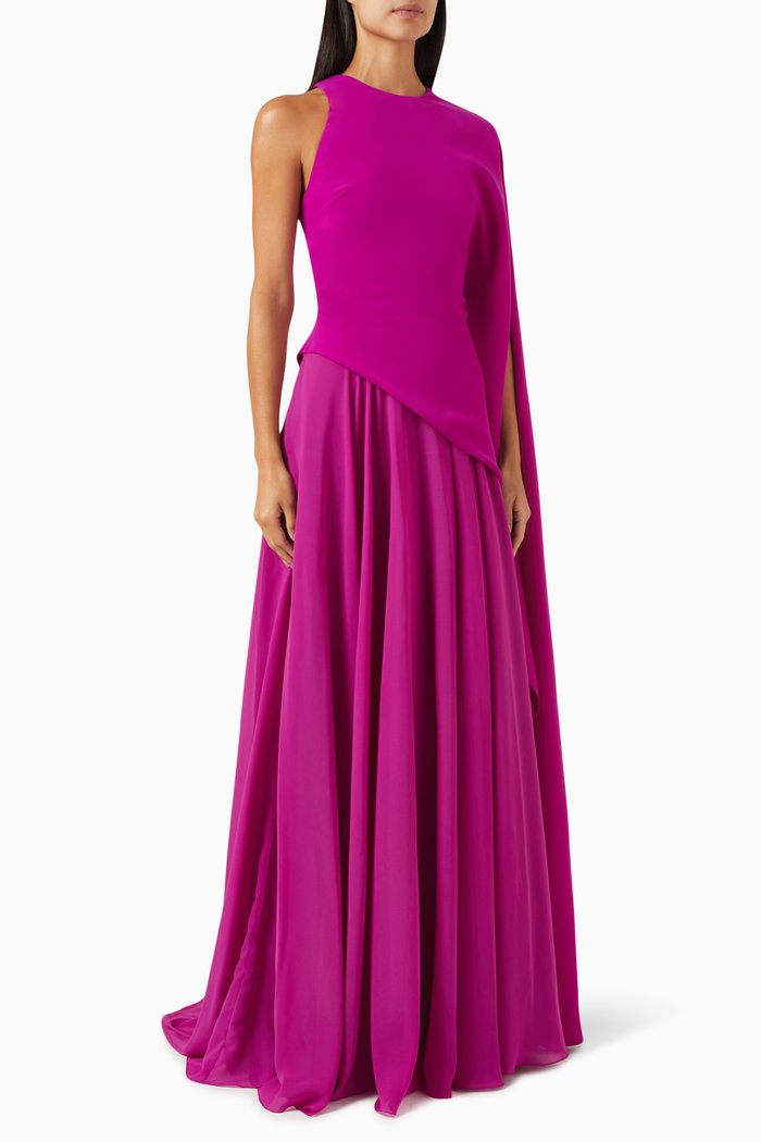 

Cape-sleeve Kaftan Maxi Dress in Crêpe & Chiffon, Purple