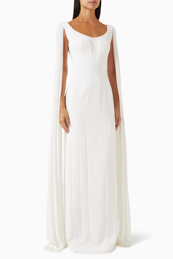 Pleated Cape-sleeve Maxi Dress in Crepe, Neutral