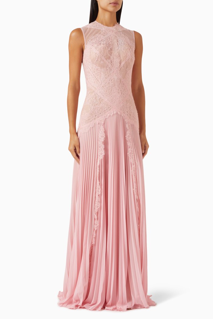 

Pleated Maxi Dress in Lace & Chiffon, Pink