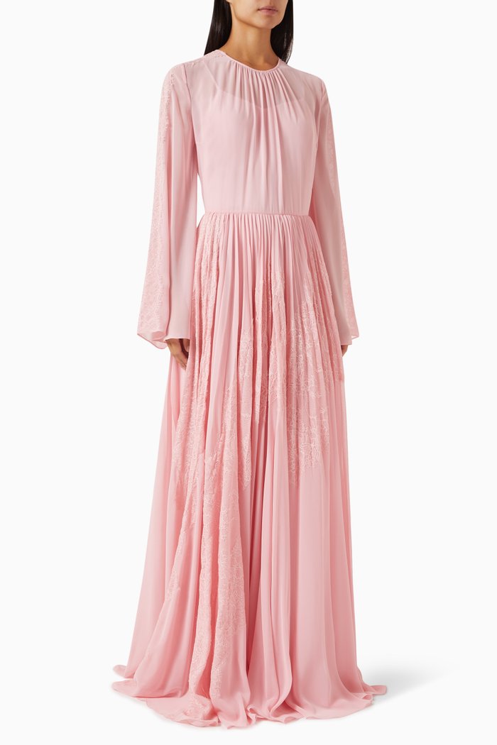 

Pleated Maxi Dress in Chiffon & Lace, Pink