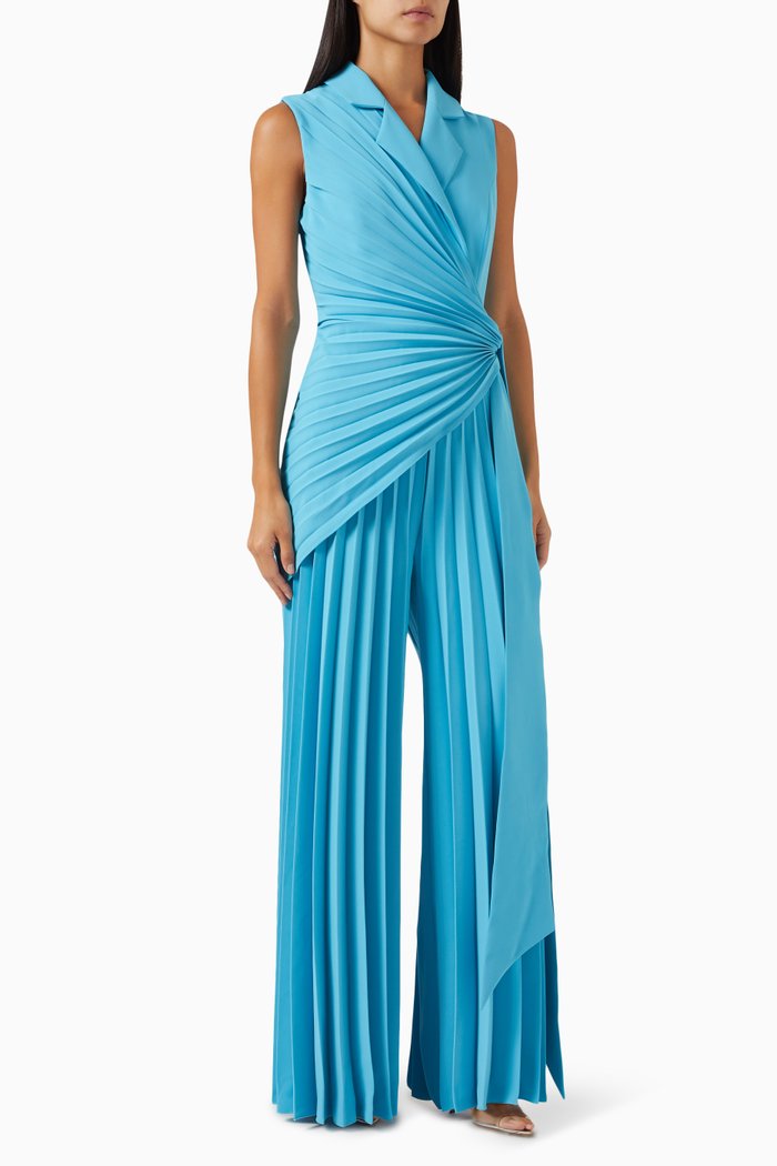 

Pleated Wrap-front Jumpsuit in Crepe, Blue