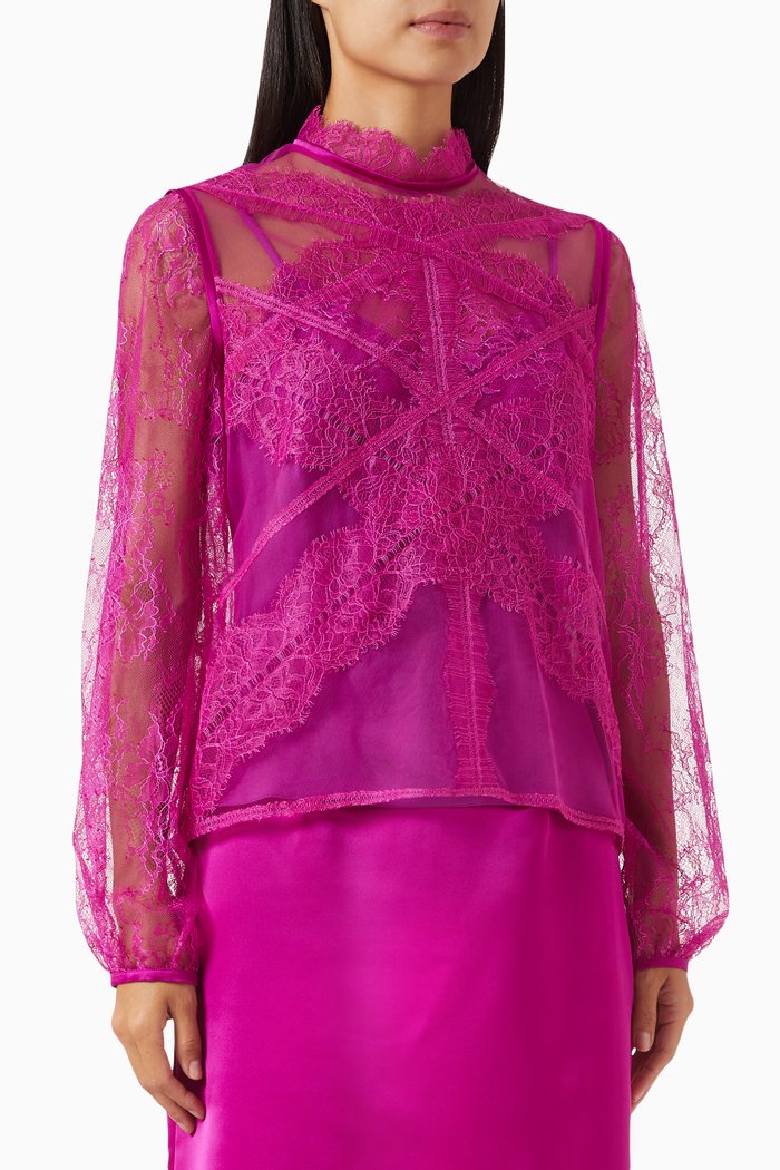 

High-neck Sheer Blouse in Lace, Purple