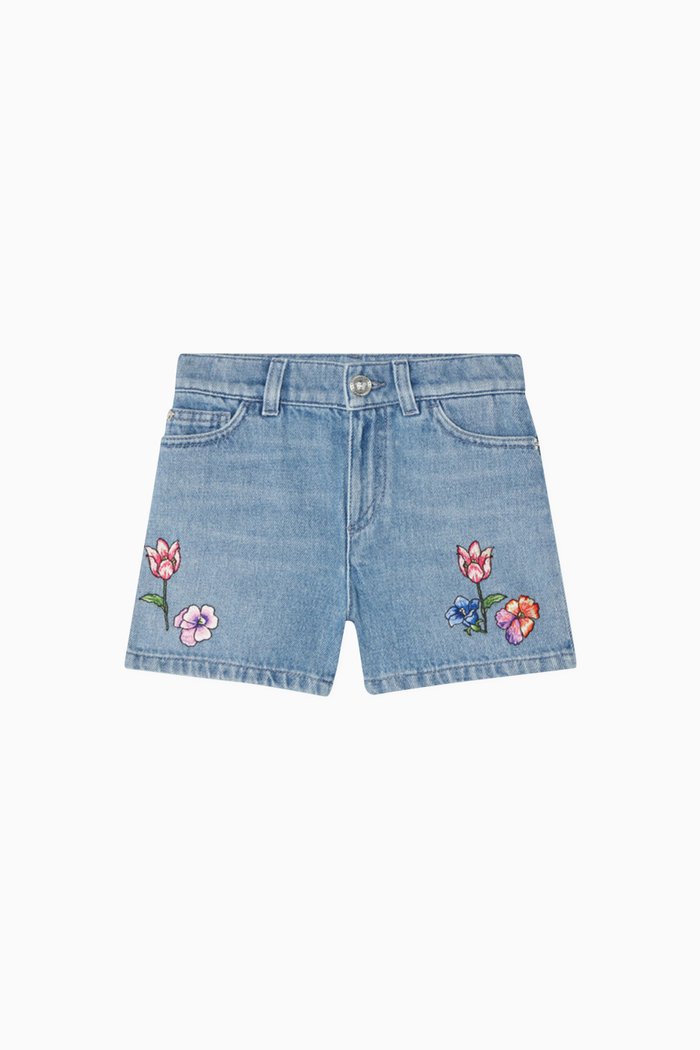 

Floral-embroidered Shorts in Denim, Blue