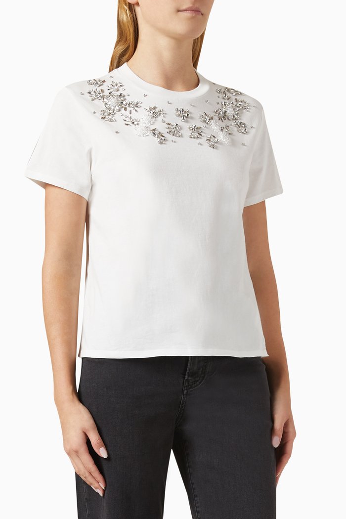 

Flower Rhinestone-embellished T-shirt in Cotton, White
