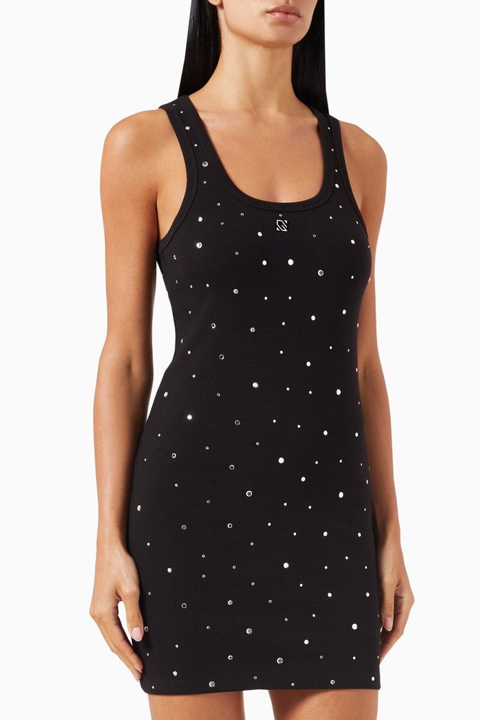 

Rhinestone-embellished Mini Dress in Stretch-cotton, Black