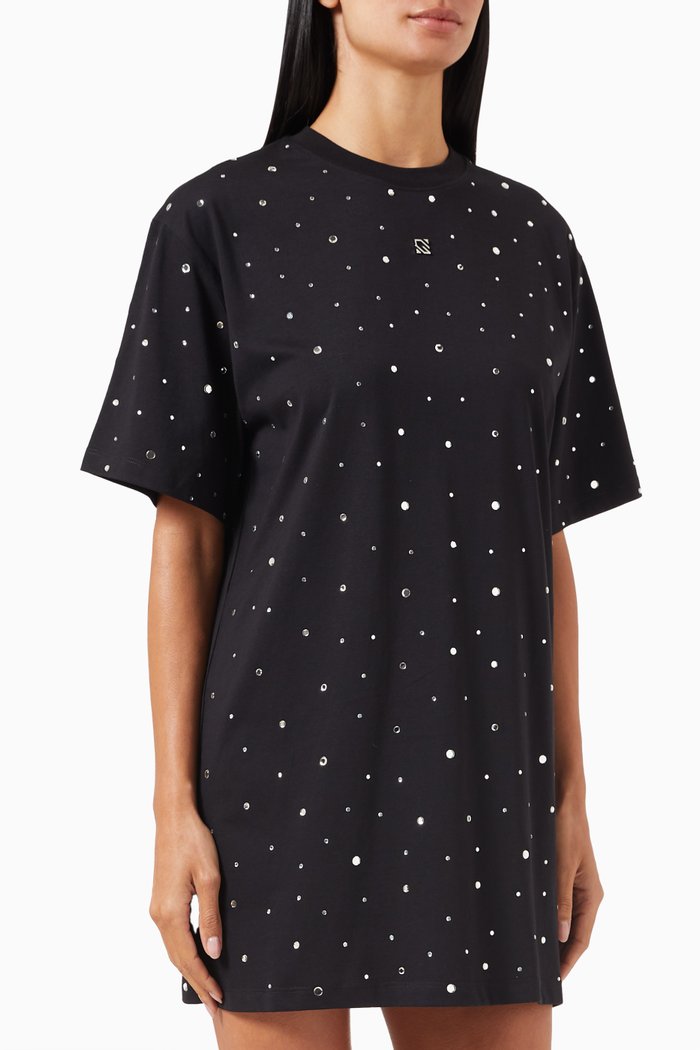 Rhinestone-embellished T-shirt Dress in Jersey, Black