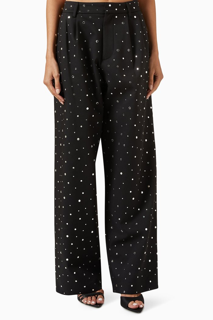 

Embellished Wide-leg Pants in Cotton-blend, Black