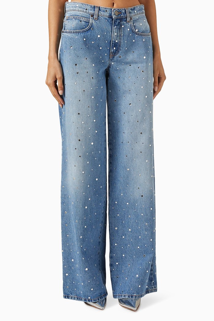 

Embellished Wide-leg Jeans in Cotton-denim, Blue