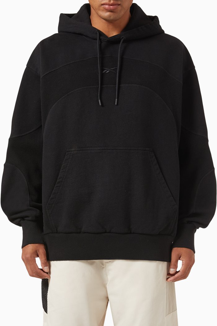 

Waffle-knit Panelled Hoodie in Cotton, Black