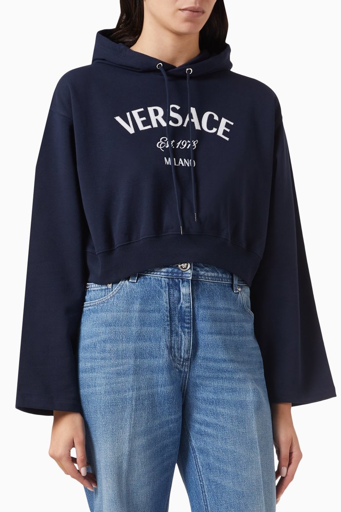 

Milano Stamp Crop Hoodie in Cotton, Blue