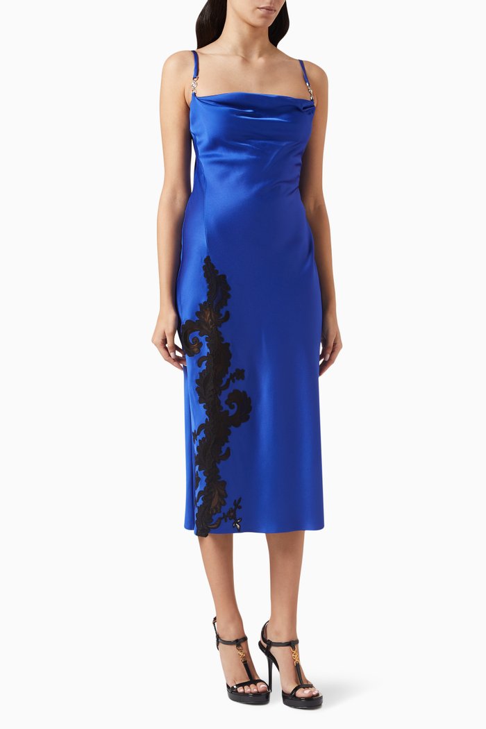 

Barocco-lace Midi Dress in Satin, Blue