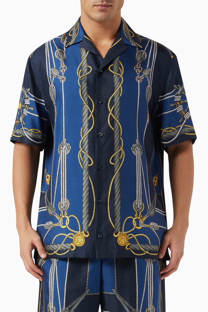 

Nautical-print Bowiling Shirt in Silk, Blue