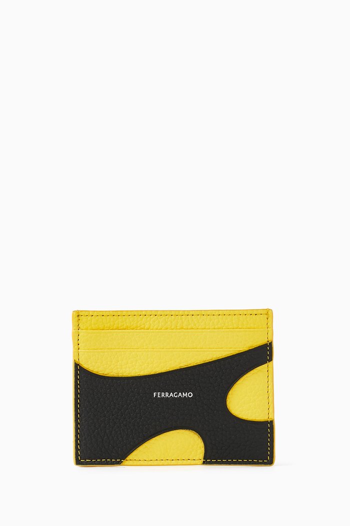 Cut-out Logo Card Holder in Calfskin, Yellow