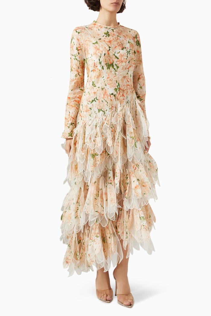 

Natura Feather Midi Dress in Linen-silk, Multicolour
