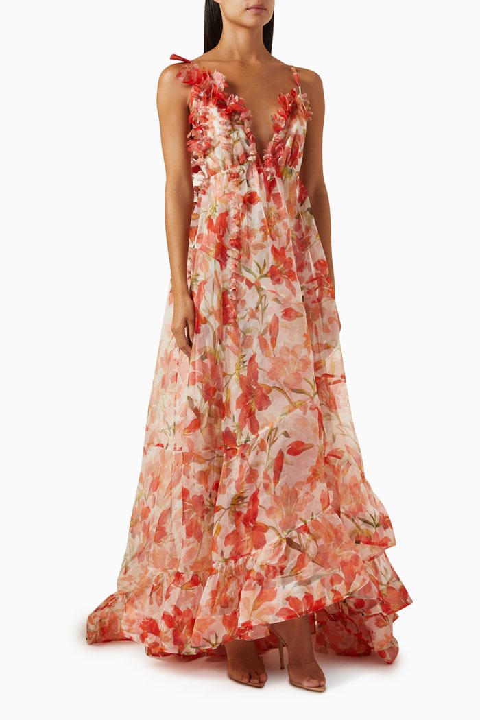 Tranquillity Floral Strap Gown in Silk, Red