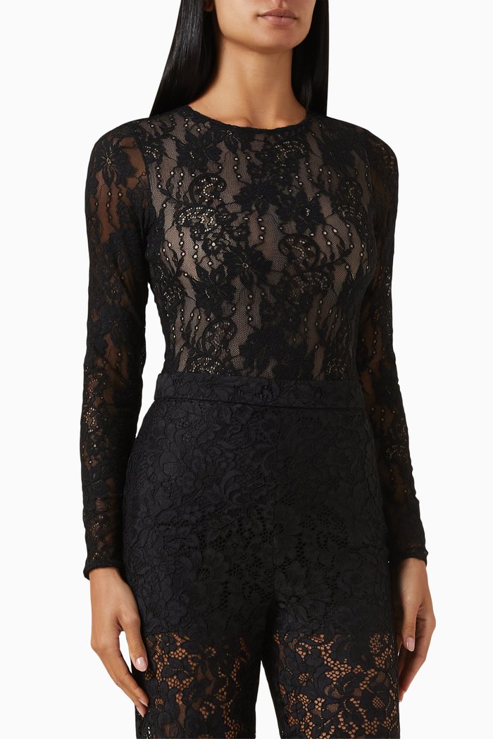 

Long-sleeve Bodysuit in Stretch Lace, Black