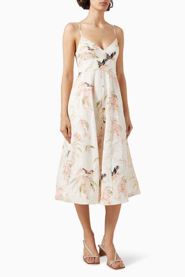 

Picnic Floral-print Dress in Linen, Pink