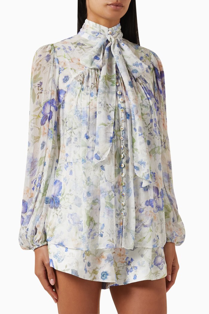 

Natura Tie Neck Billow Top in Viscose, Blue