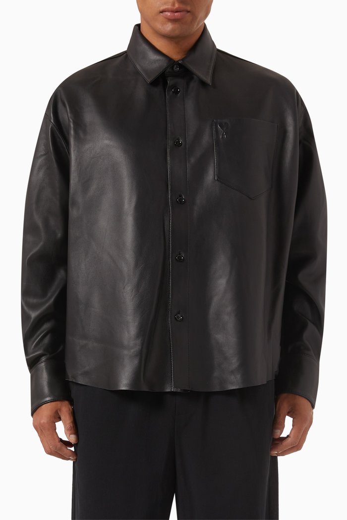 Boxy Fit Shirt in Lamb Leather, Black