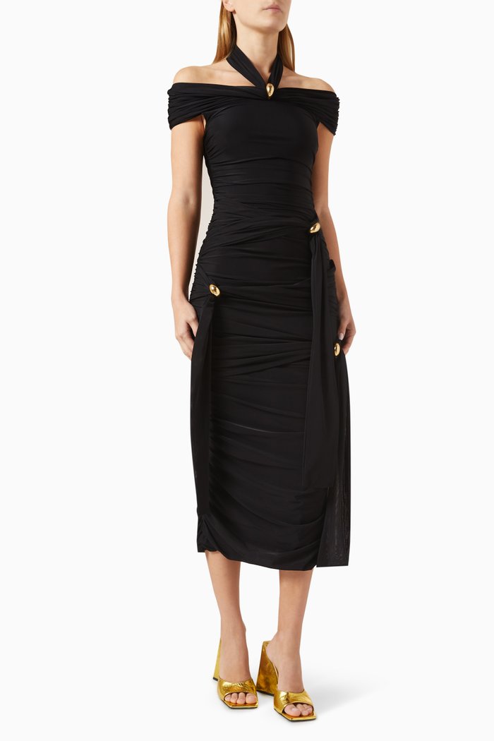 

Metal Ring Off-shoulder Midi Dress in Jersey, Black