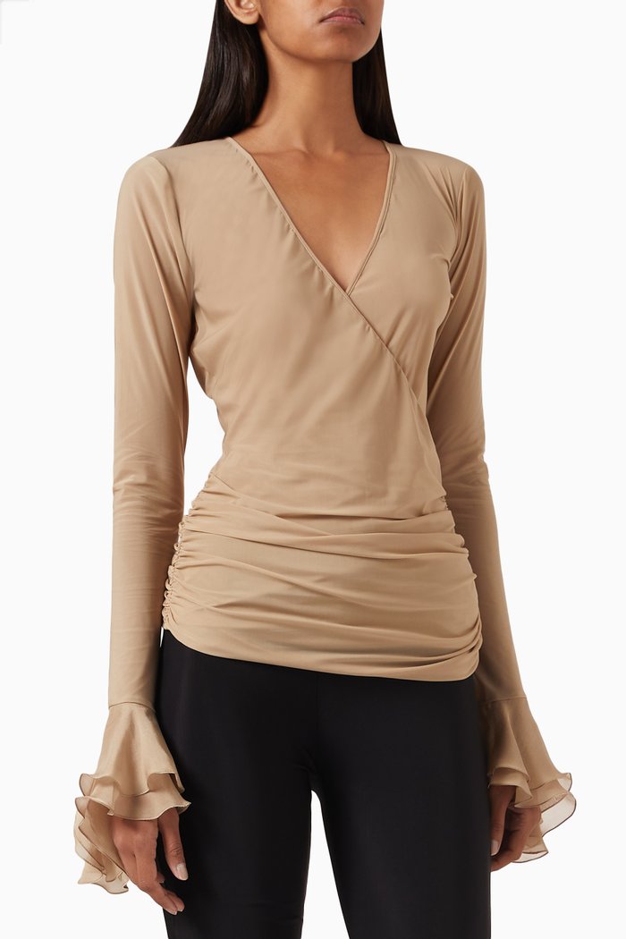 

Crossover Ruffled Top in Jersey & Chiffon, Neutral