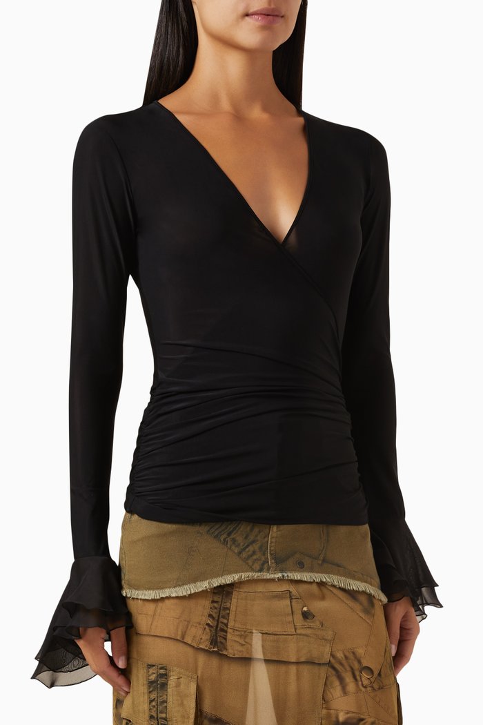 

Crossover Ruffled Top in Jersey & Chiffon, Black