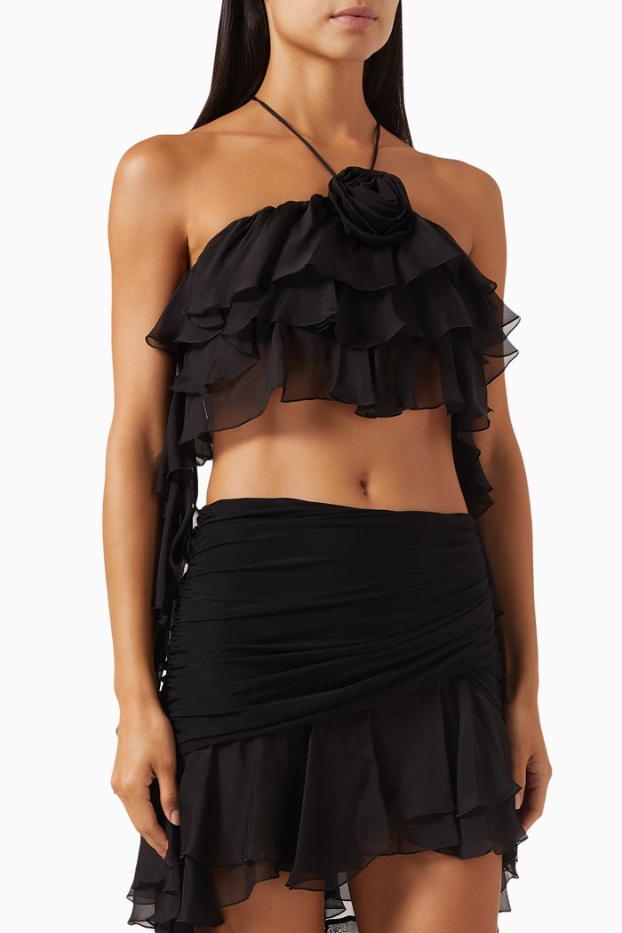 

3D Flower Ruffled Crop Top in Silk-chiffon, Black