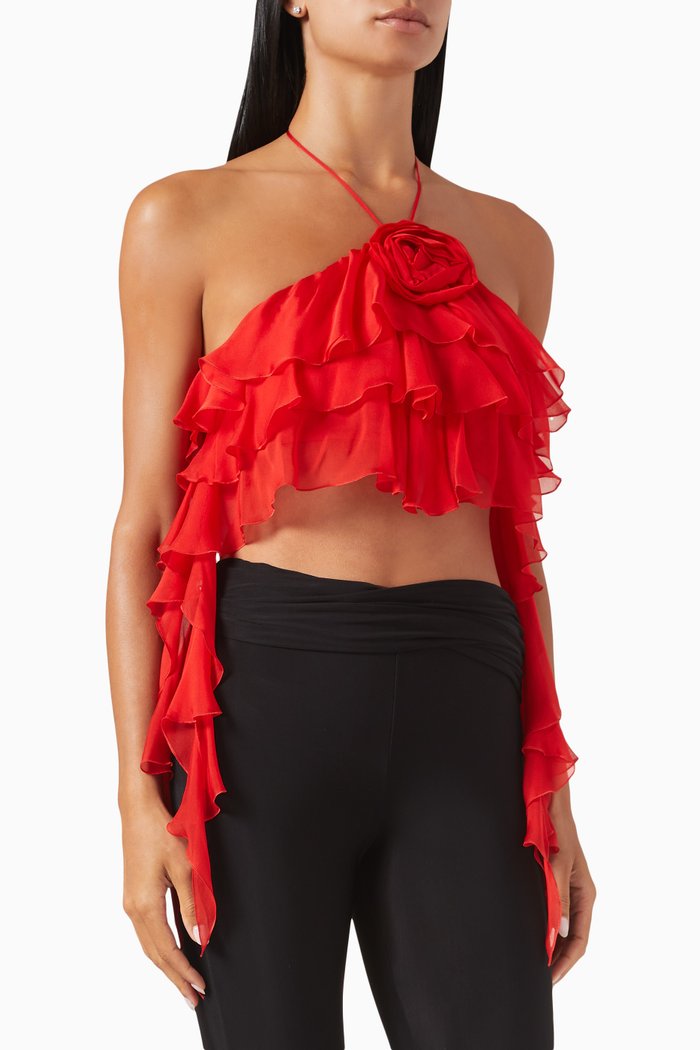 

3D Flower Ruffled Crop Top in Silk-chiffon, Red
