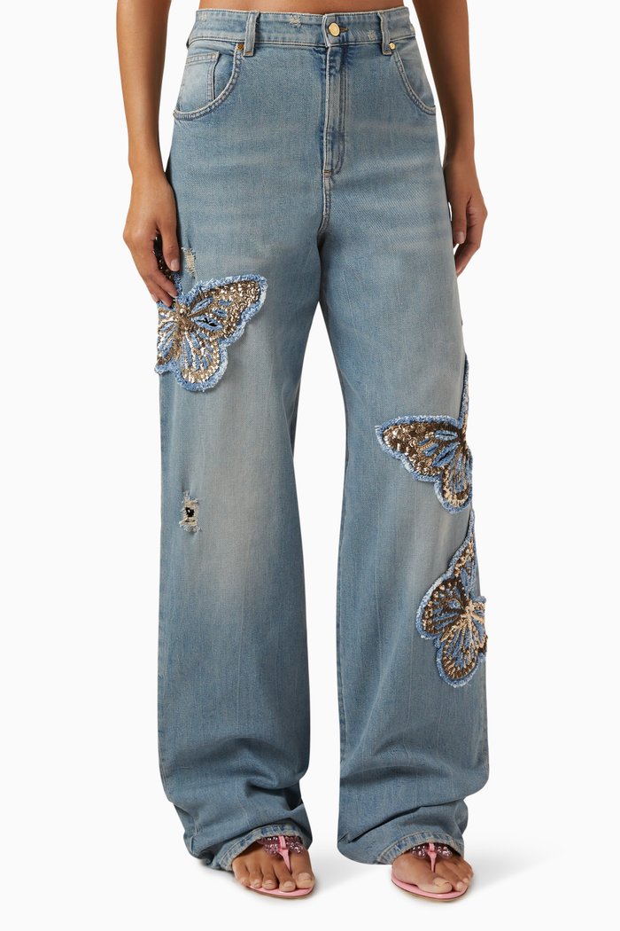 

Embroidered Boyfriend-fit Jeans, Blue