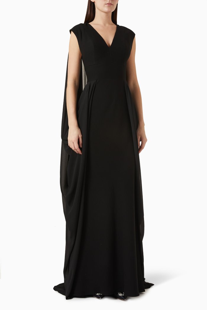 V-neck Cape-sleeve Maxi Dress in Crepe, Black