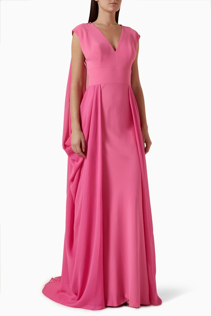 V-neck Cape-sleeve Maxi Dress in Crepe, Pink